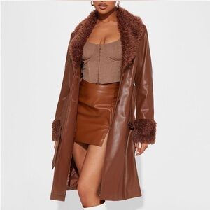 Fashion Nova Brown Trench Coat with Fur Accents